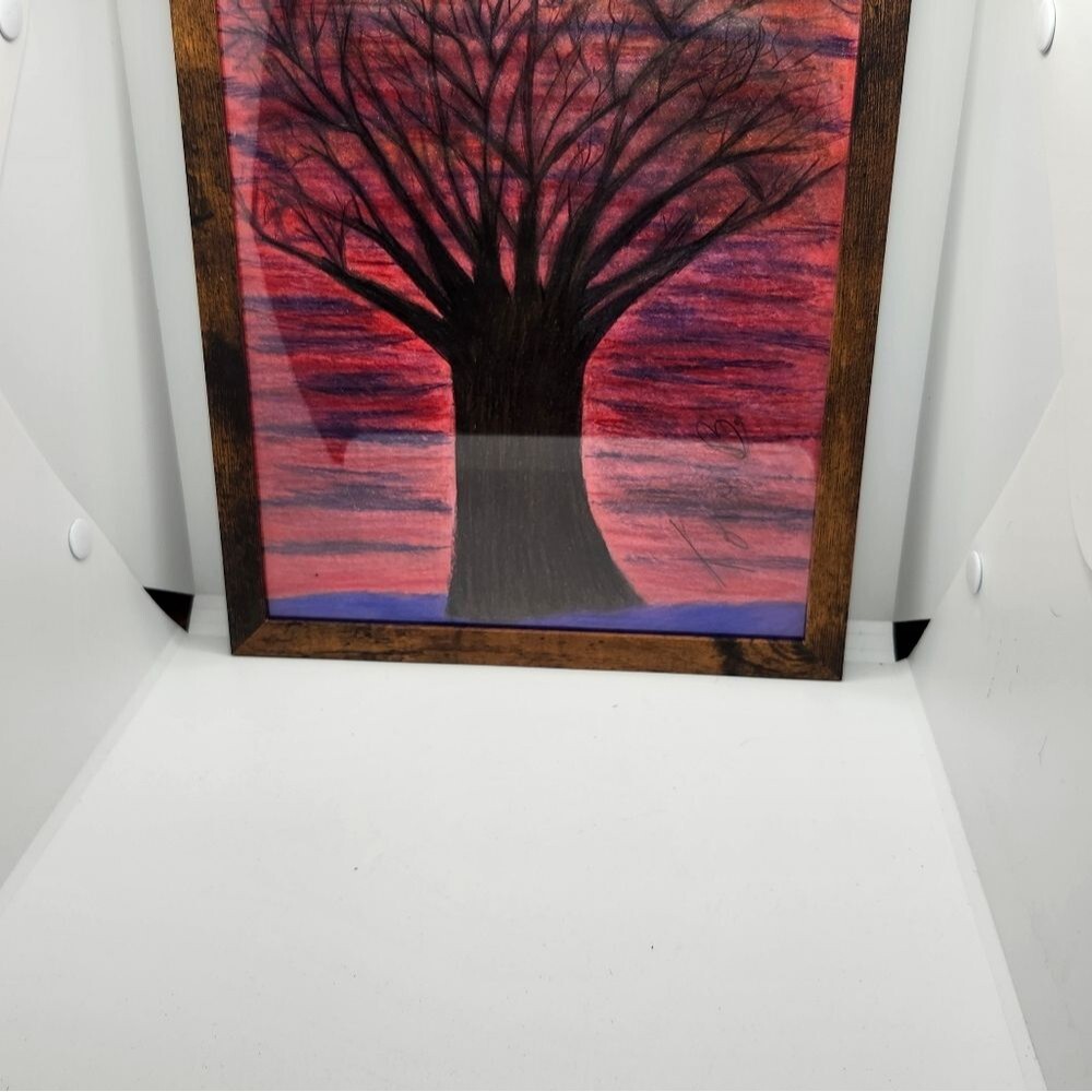 Hand Crafted Sunset Winter Tree Colored Pencil Drawing Framed 9x11"